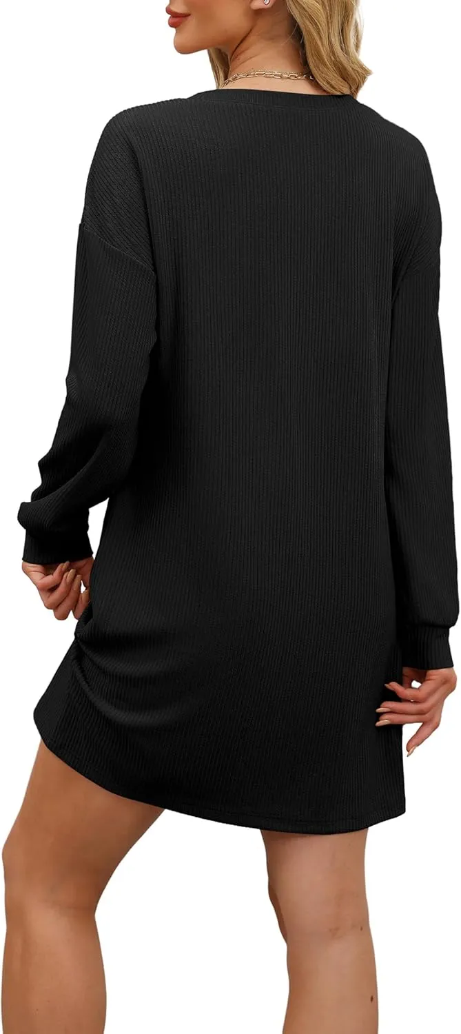 WIHOLL Womens Long Sleeve Dress Loose Fit Casual Crewneck Flowy Mini Dresses with Pockets Fall Fashion