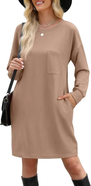 WIHOLL Womens Long Sleeve Dress Loose Fit Casual Crewneck Flowy Mini Dresses with Pockets Fall Fashion