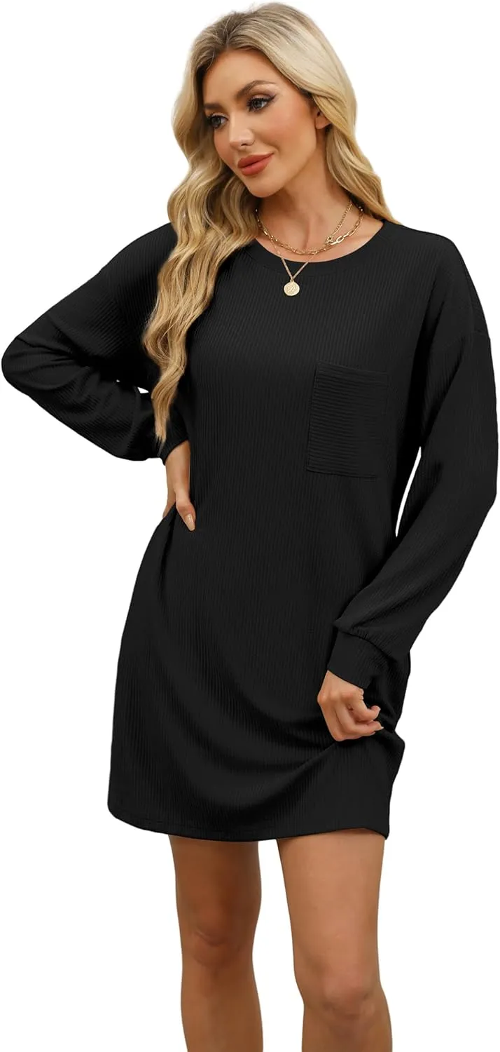 WIHOLL Womens Long Sleeve Dress Loose Fit Casual Crewneck Flowy Mini Dresses with Pockets Fall Fashion