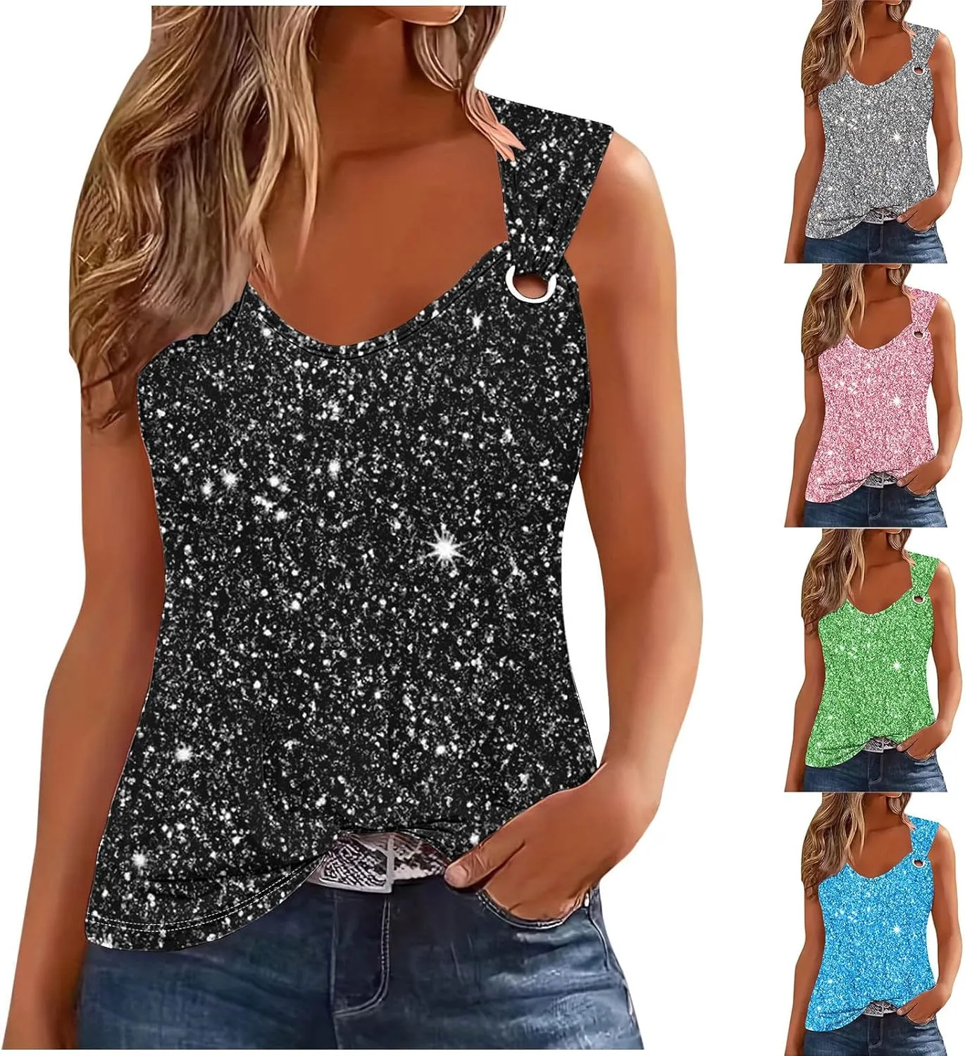 Wkishenl Sequin Tank Tops for Women Sexy Sleeveless V Neck Sparkle Shirts Fashion Party Club Glitter Cami Chic Disco Camisole