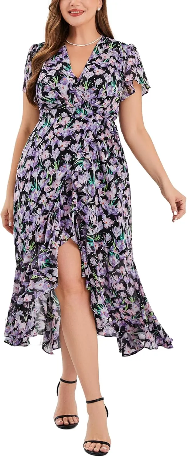 Women’s 2025 Floral Summer Dress Wrap V Neck Plus Size Boho Belted Ruffle Hem Flowy Maxi Dresses