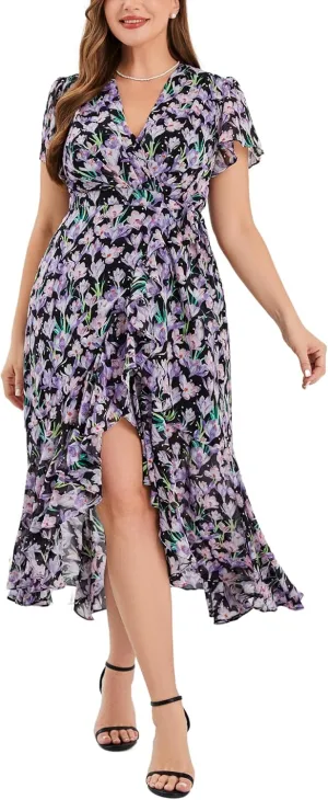 Women’s 2025 Floral Summer Dress Wrap V Neck Plus Size Boho Belted Ruffle Hem Flowy Maxi Dresses