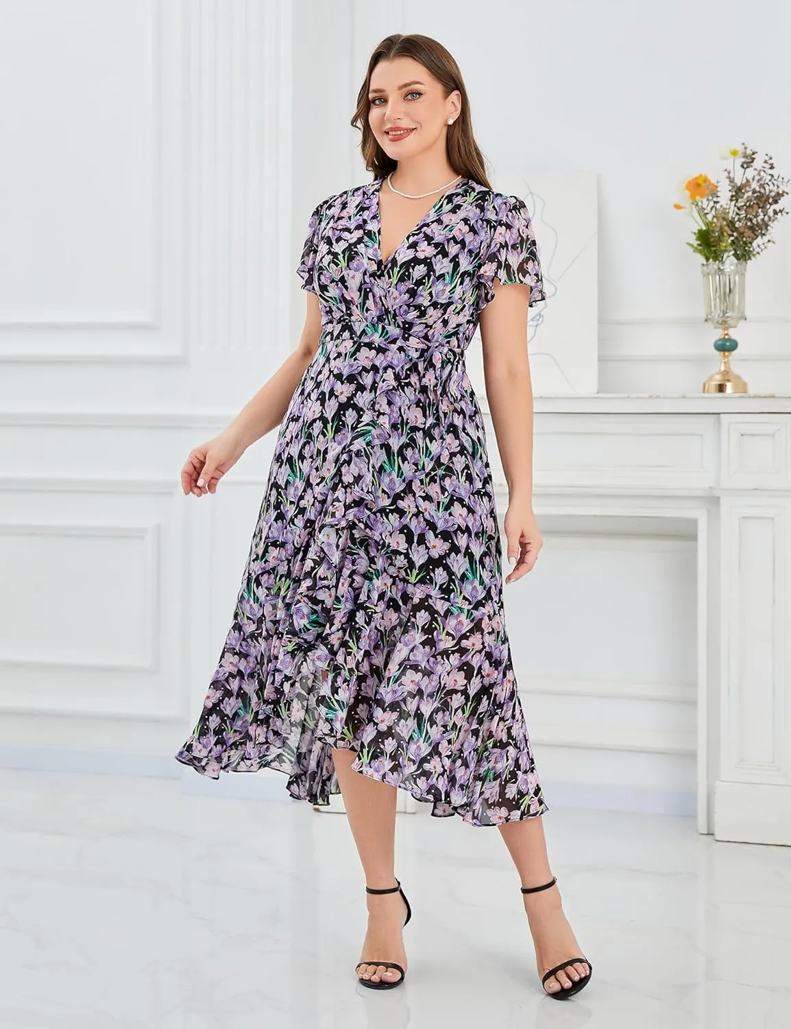 Women’s 2025 Floral Summer Dress Wrap V Neck Plus Size Boho Belted Ruffle Hem Flowy Maxi Dresses