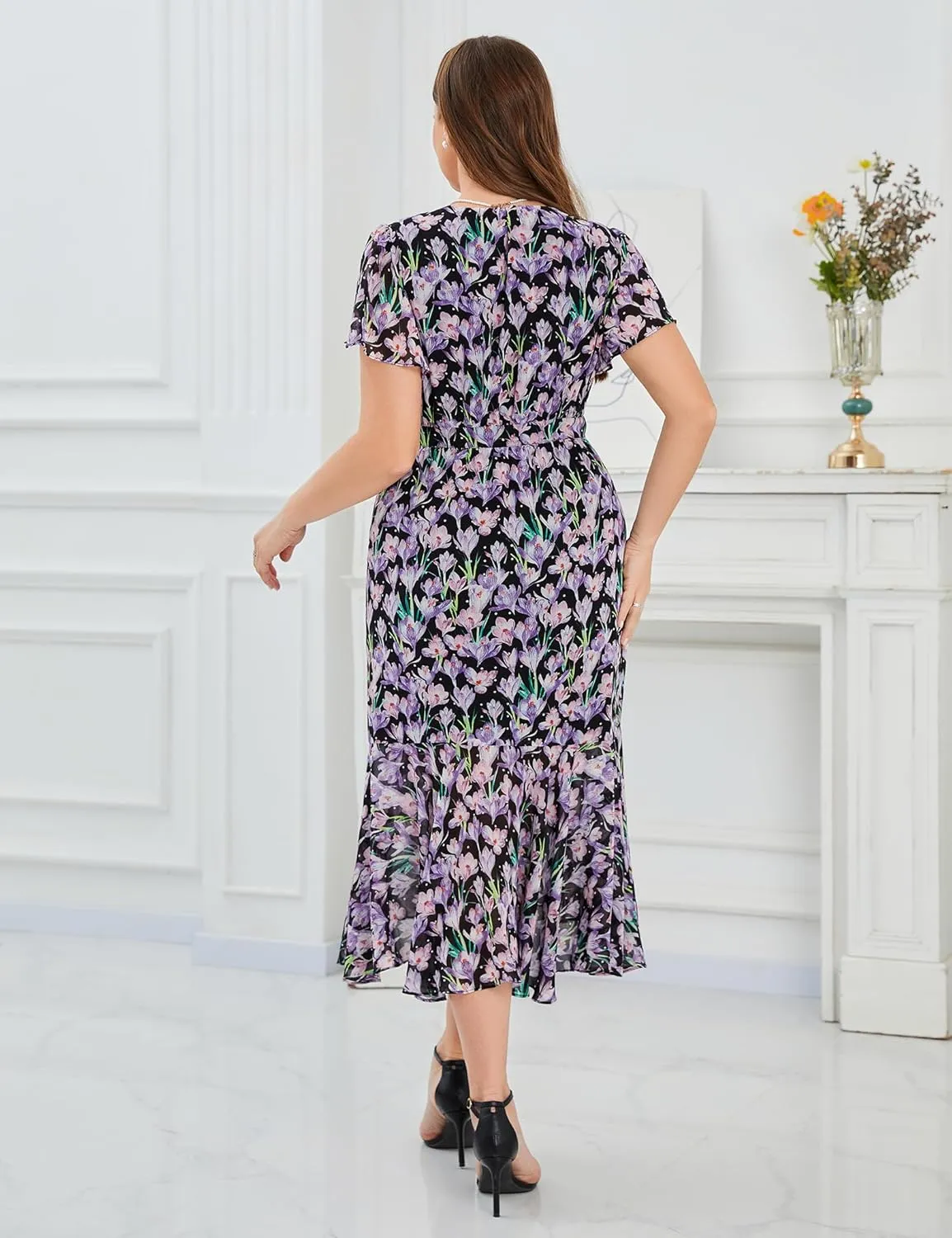 Women’s 2025 Floral Summer Dress Wrap V Neck Plus Size Boho Belted Ruffle Hem Flowy Maxi Dresses