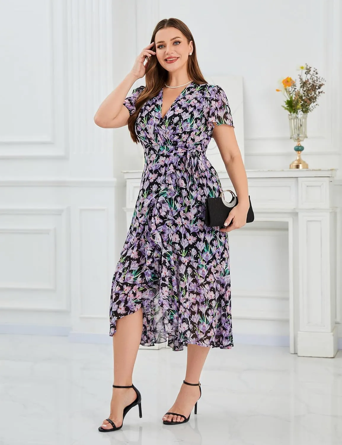 Women’s 2025 Floral Summer Dress Wrap V Neck Plus Size Boho Belted Ruffle Hem Flowy Maxi Dresses
