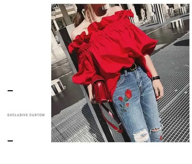 Women's Ruffled Fashion Designer Puffed Sleeves Tops T-Shirts