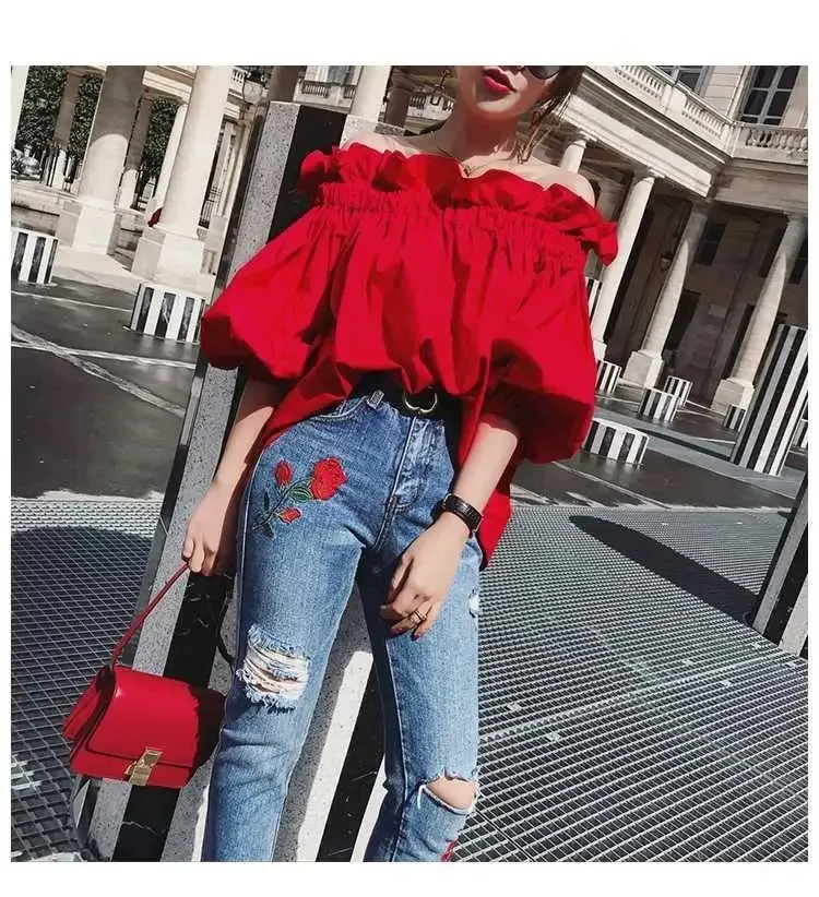Women's Ruffled Fashion Designer Puffed Sleeves Tops T-Shirts