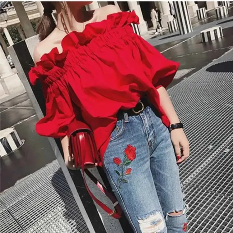 Women's Ruffled Fashion Designer Puffed Sleeves Tops T-Shirts
