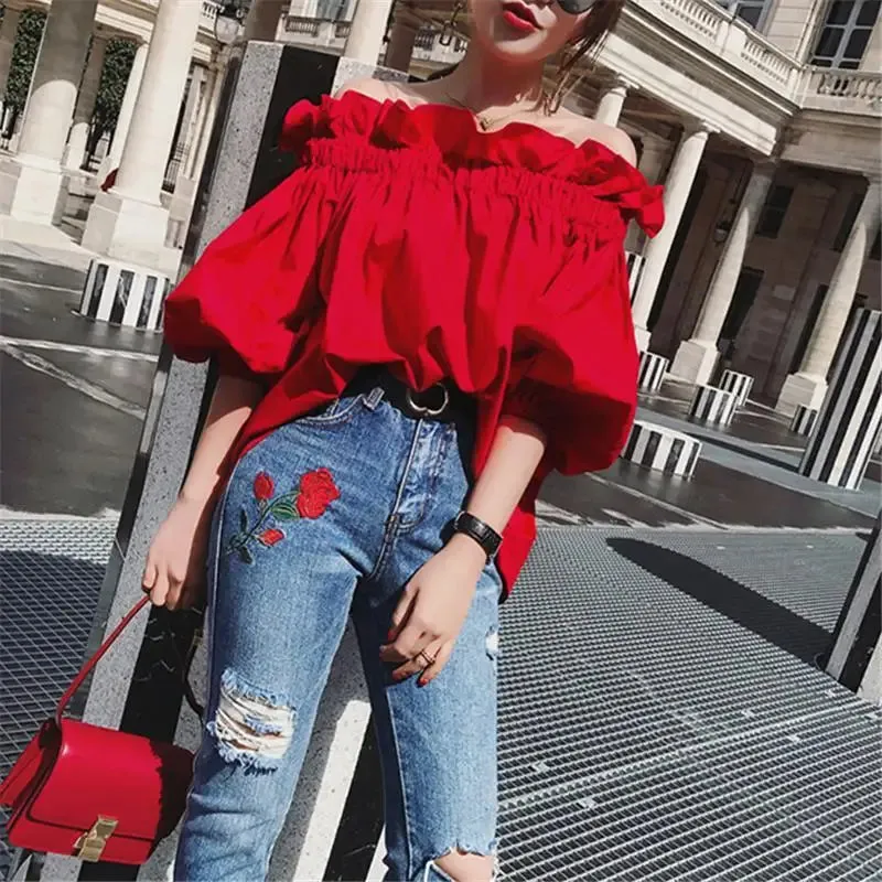 Women's Ruffled Fashion Designer Puffed Sleeves Tops T-Shirts