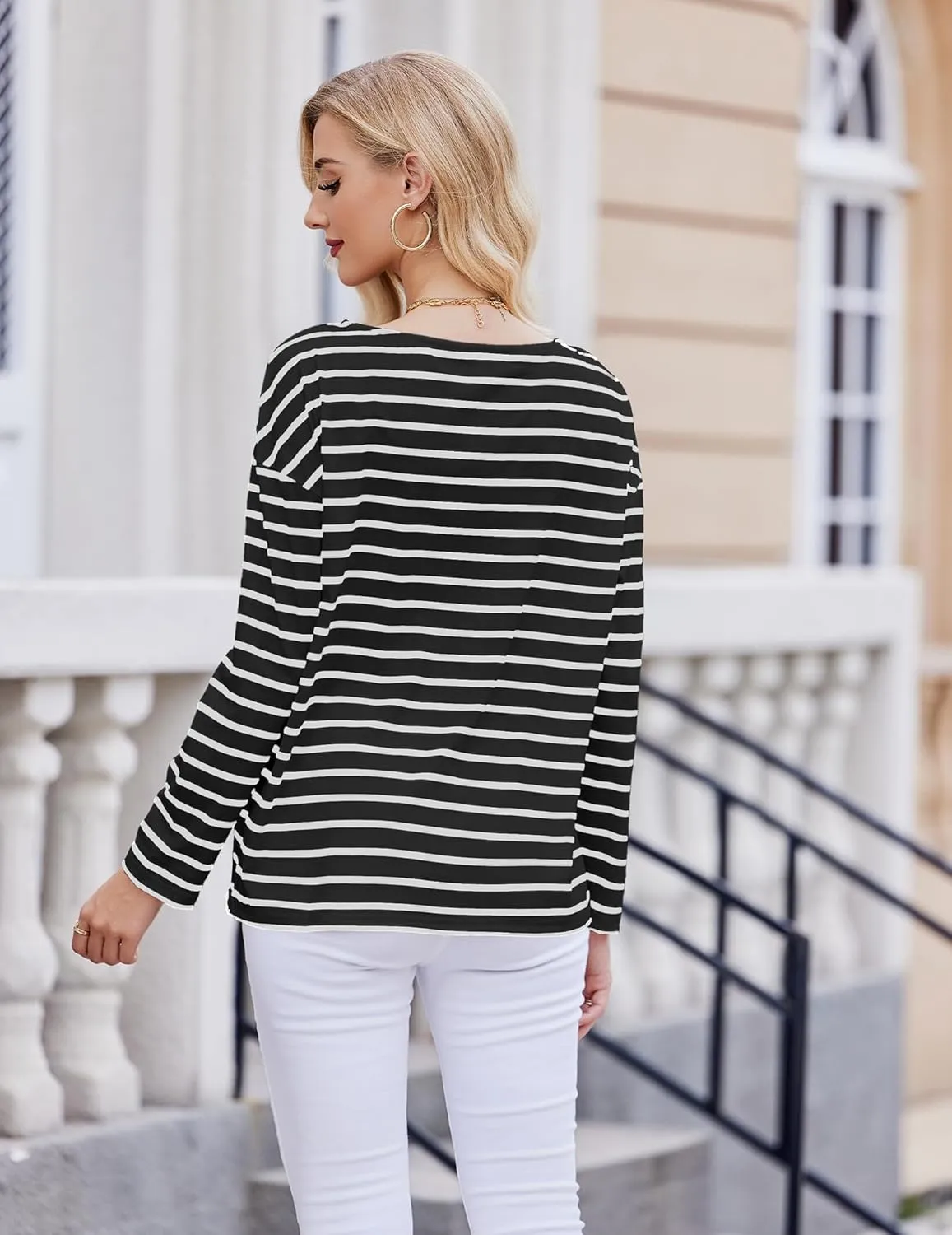 Womens Striped Shirt Long Sleeve Tops Trendy Drop Shoulder Boat Neck Going Out Tops Loose Fit Casual Shirts