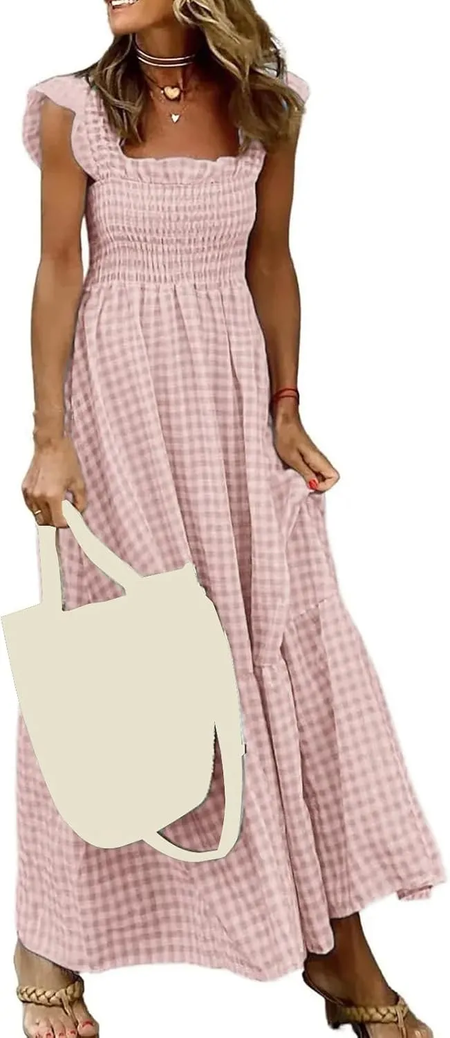Womens Summer Dress Retro Plaid Smocked Dresses Square Neck Ruffle Strap Midi Dress Flowy A Line Beach Dresses