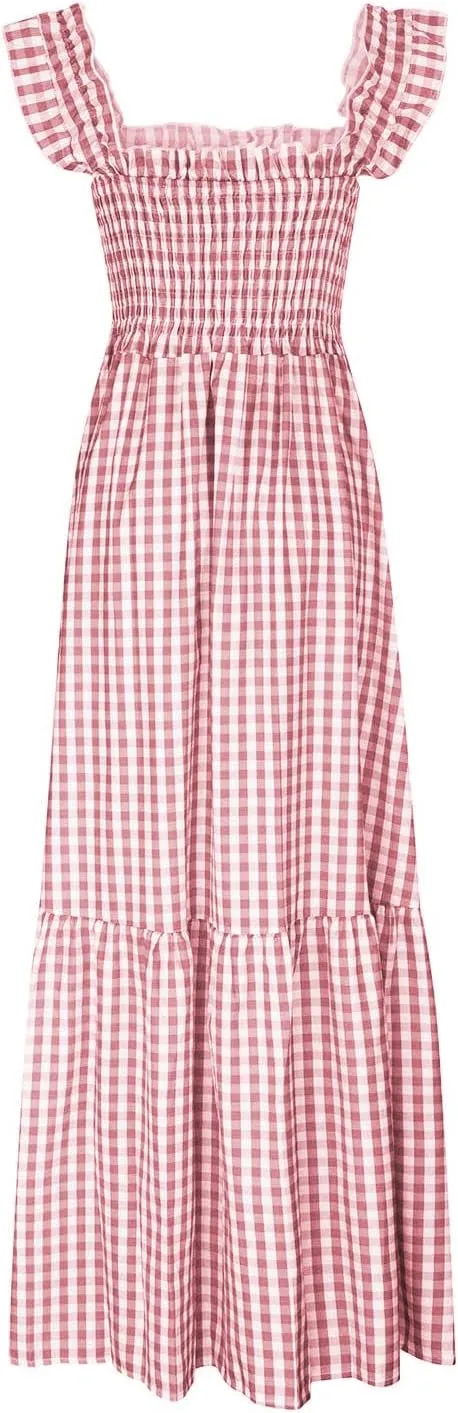 Womens Summer Dress Retro Plaid Smocked Dresses Square Neck Ruffle Strap Midi Dress Flowy A Line Beach Dresses