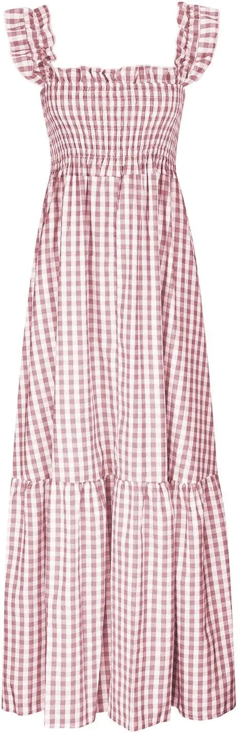 Womens Summer Dress Retro Plaid Smocked Dresses Square Neck Ruffle Strap Midi Dress Flowy A Line Beach Dresses