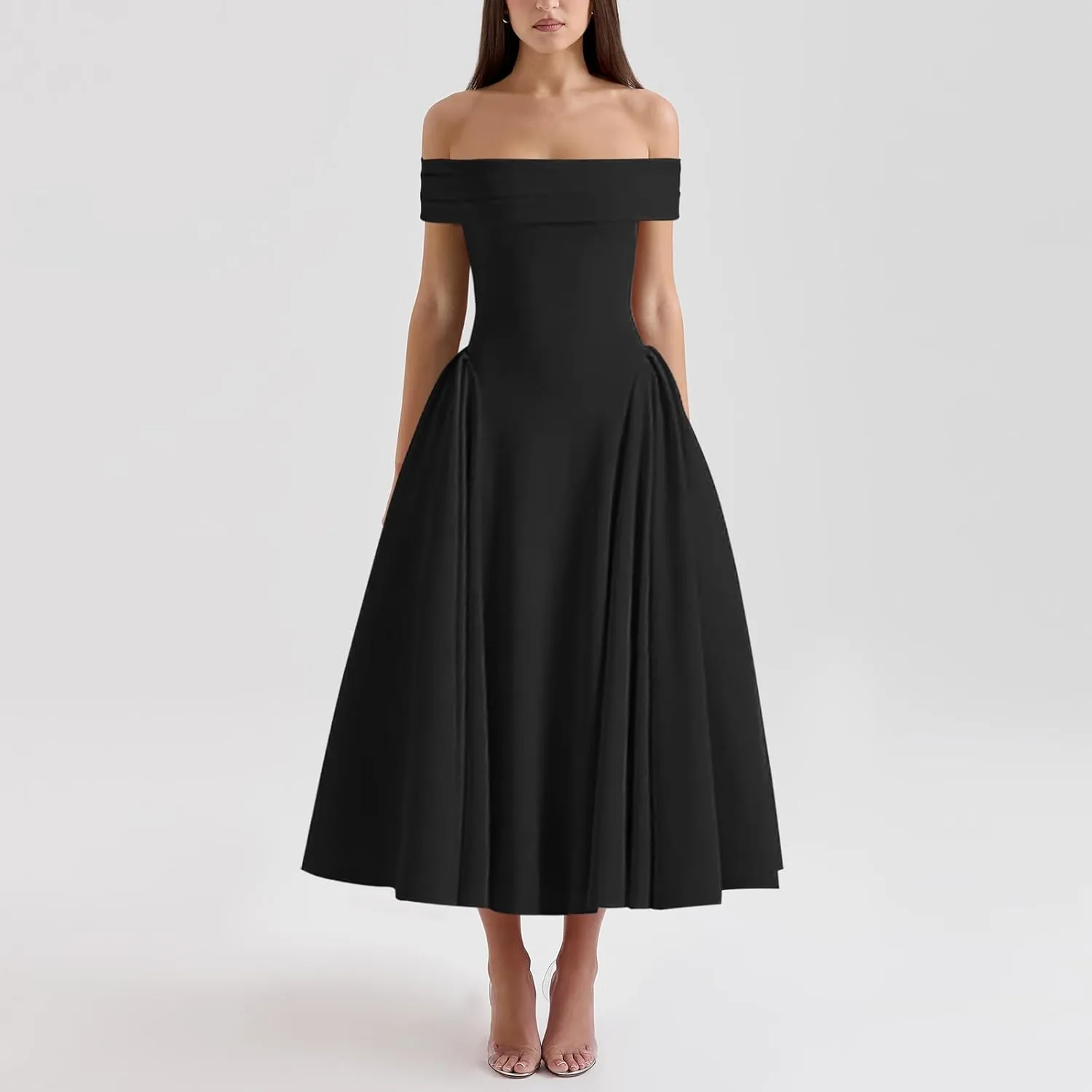 Women's Summer Off Shoulder Fit and Flare Midi Dress - Sleeveless Sexy A Line Corset Club Party Going Out Dresses
