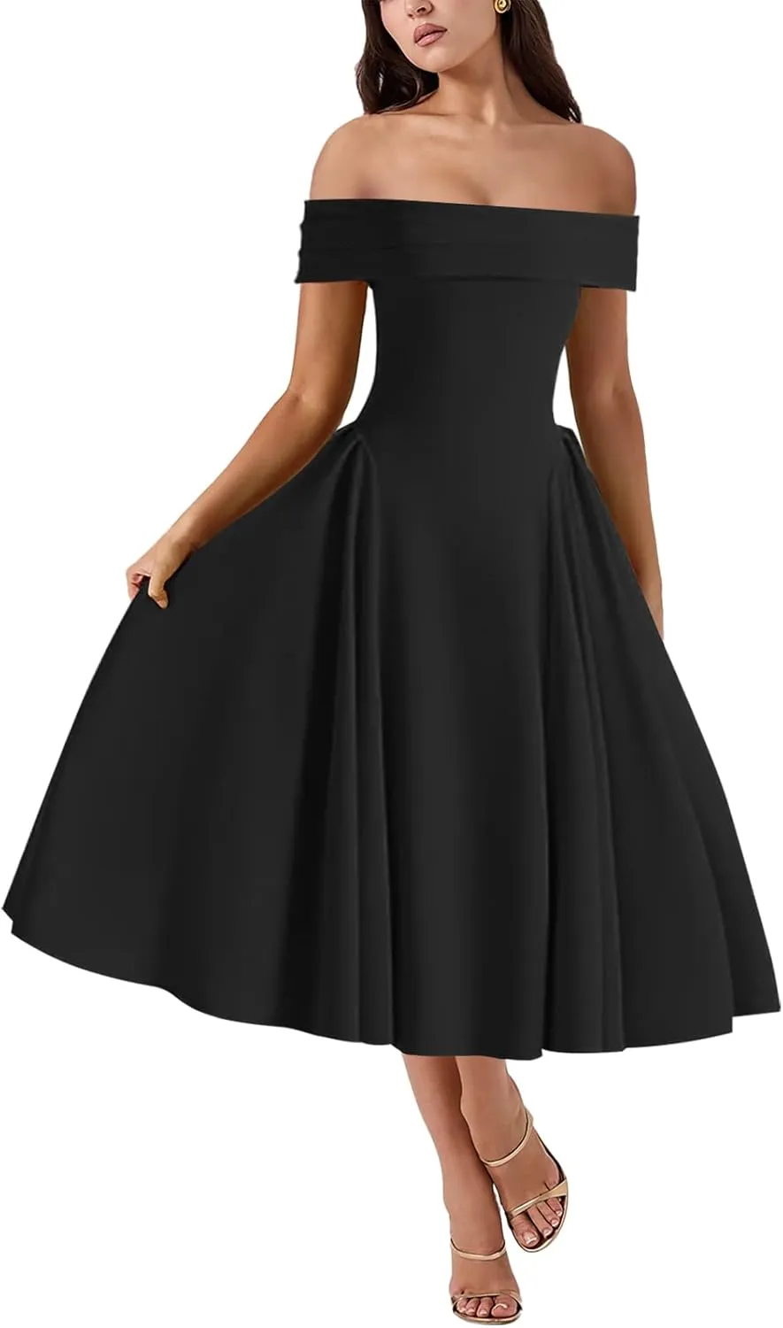 Women's Summer Off Shoulder Fit and Flare Midi Dress - Sleeveless Sexy A Line Corset Club Party Going Out Dresses