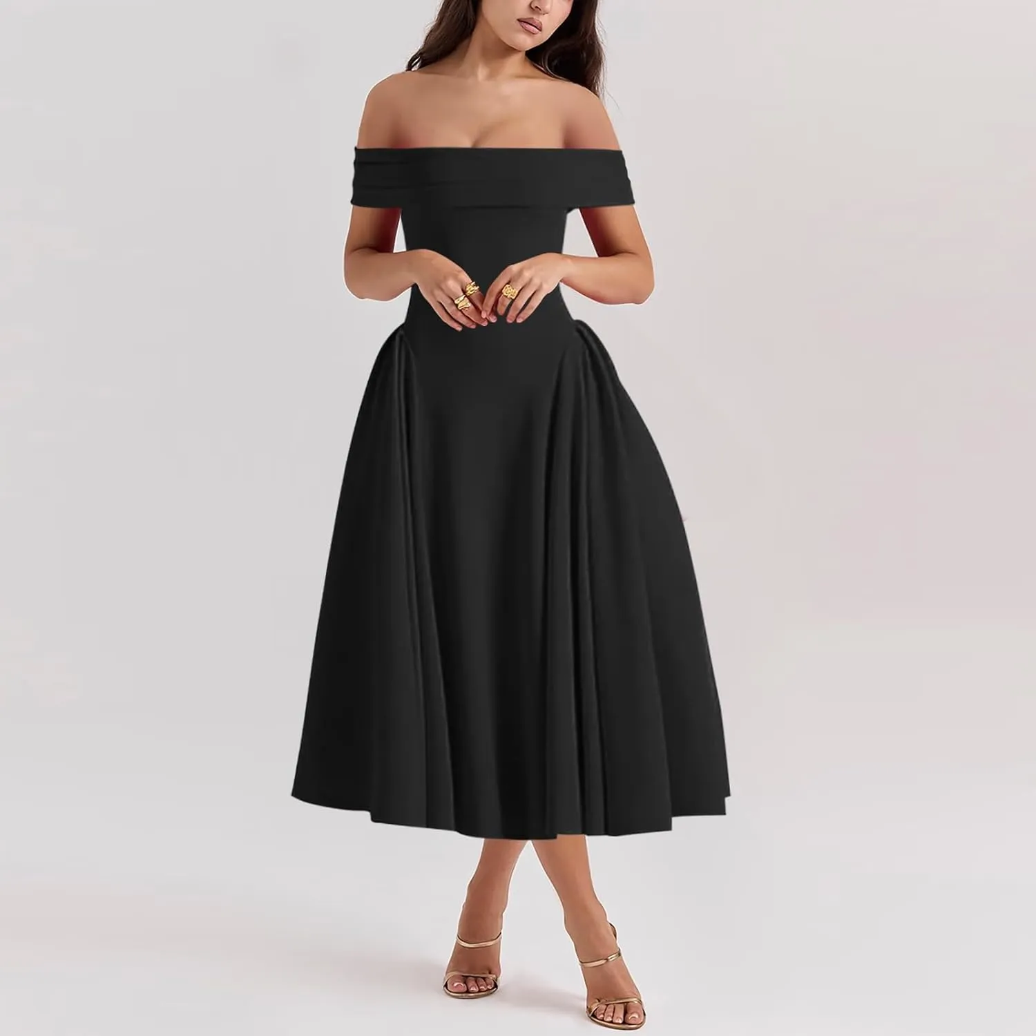 Women's Summer Off Shoulder Fit and Flare Midi Dress - Sleeveless Sexy A Line Corset Club Party Going Out Dresses
