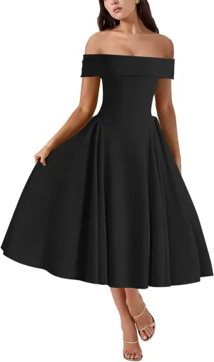 Women's Summer Off Shoulder Fit and Flare Midi Dress - Sleeveless Sexy A Line Corset Club Party Going Out Dresses