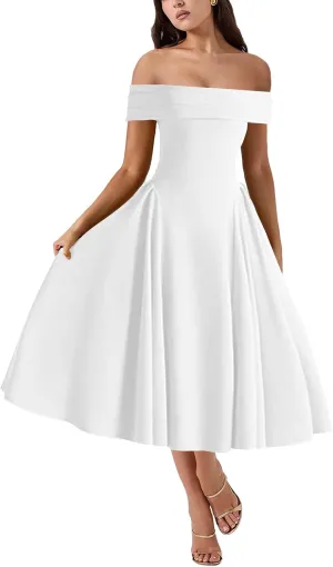 Women's Summer Off Shoulder Fit and Flare Midi Dress - Sleeveless Sexy A Line Corset Club Party Going Out Dresses
