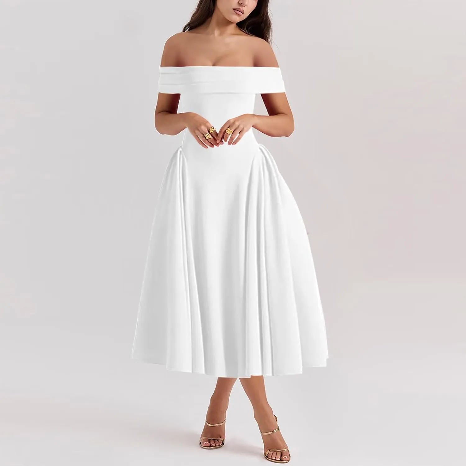 Women's Summer Off Shoulder Fit and Flare Midi Dress - Sleeveless Sexy A Line Corset Club Party Going Out Dresses