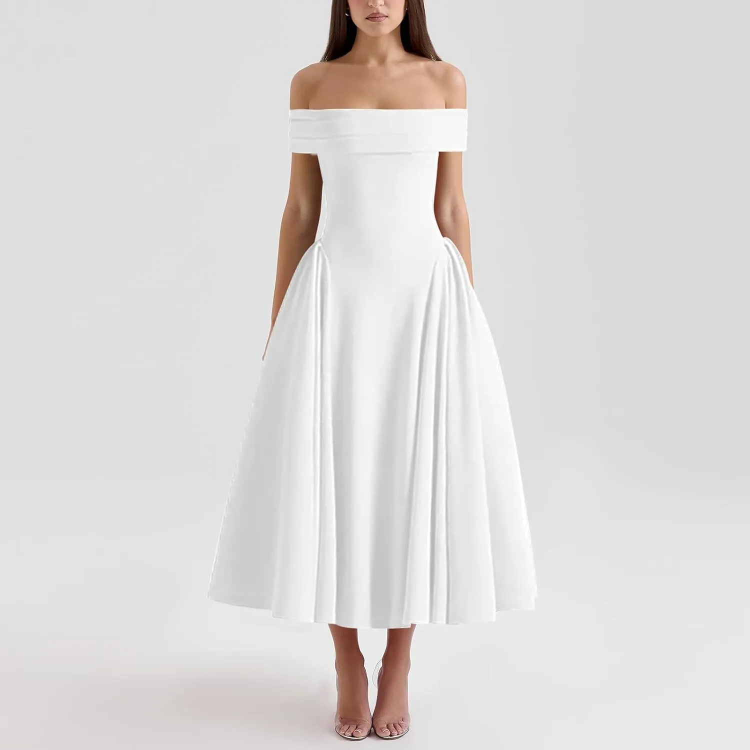 Women's Summer Off Shoulder Fit and Flare Midi Dress - Sleeveless Sexy A Line Corset Club Party Going Out Dresses