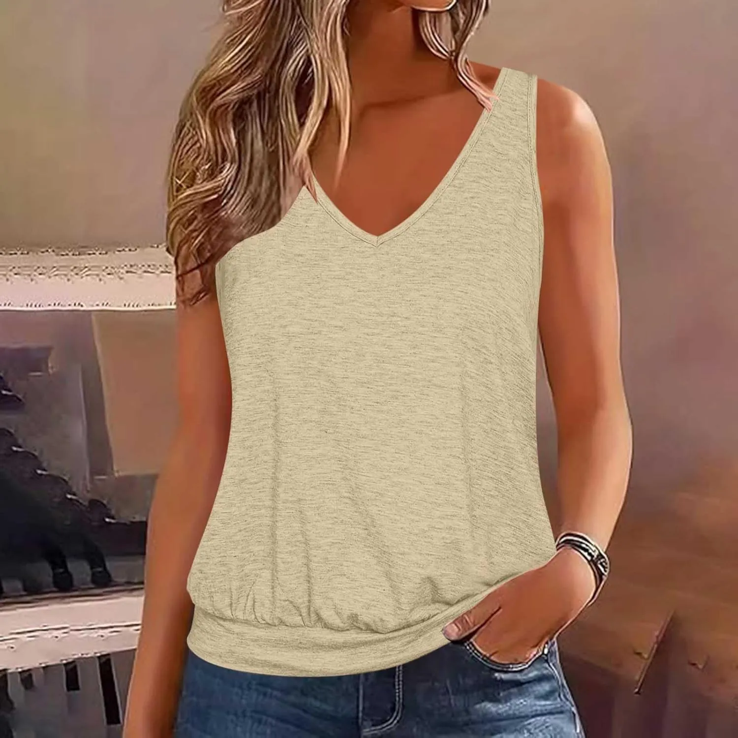 Womens Summer Tank Tops Sleeveless V Neck Banded Hem Bottom Stretch Shirts Casual Loose Fit Comfy Elastic Blouses