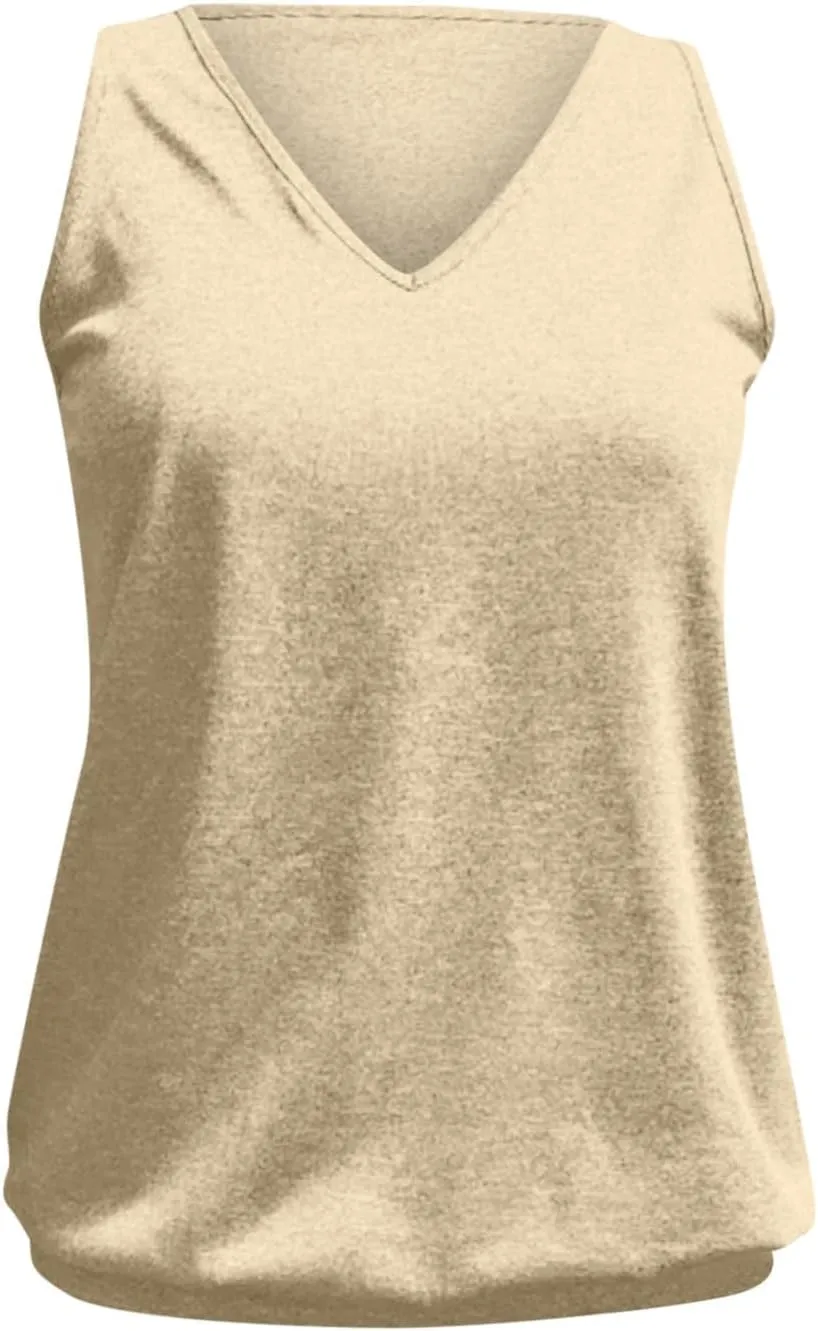 Womens Summer Tank Tops Sleeveless V Neck Banded Hem Bottom Stretch Shirts Casual Loose Fit Comfy Elastic Blouses