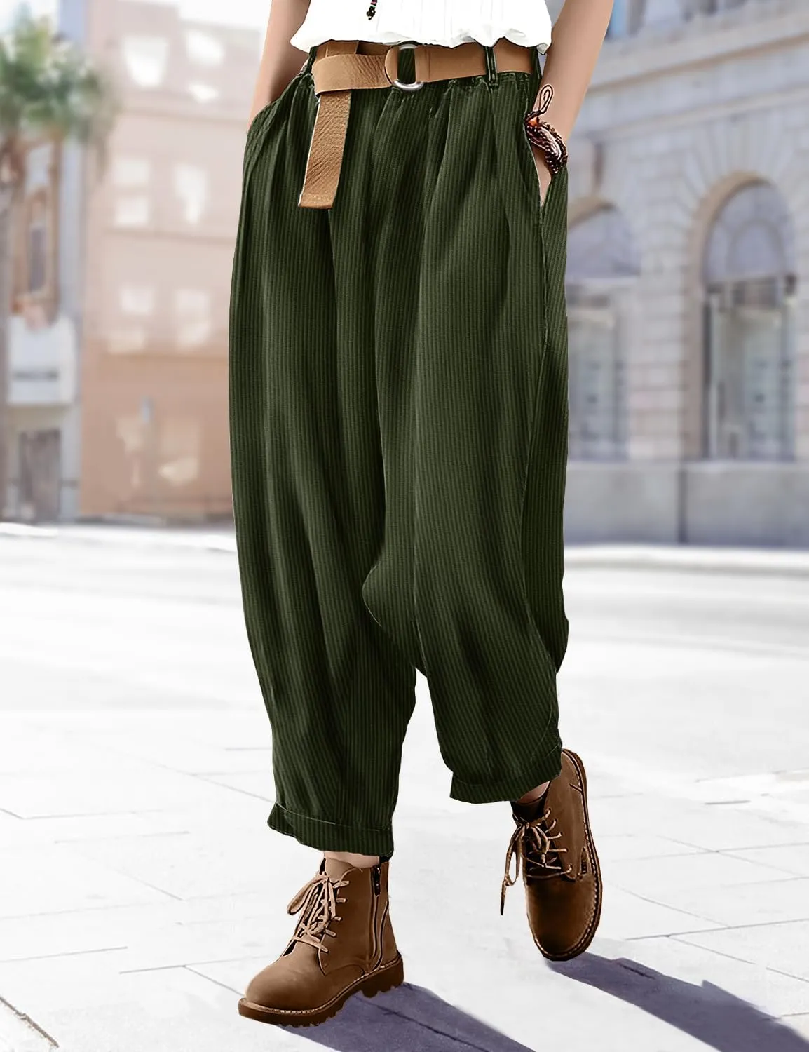 YESNO Women Baggy Cropped Pants Corduroy Casual Elastic Waist Fall Fashion 2024 Trousers with Pockets PCJ