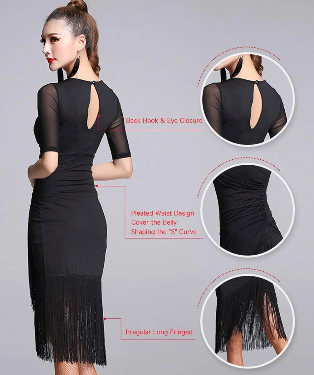 Z&X Women's Ballroom Dance Costume V Neck Pleated Long Fringed Tango Salsa Latin Dance Dress with Shorts
