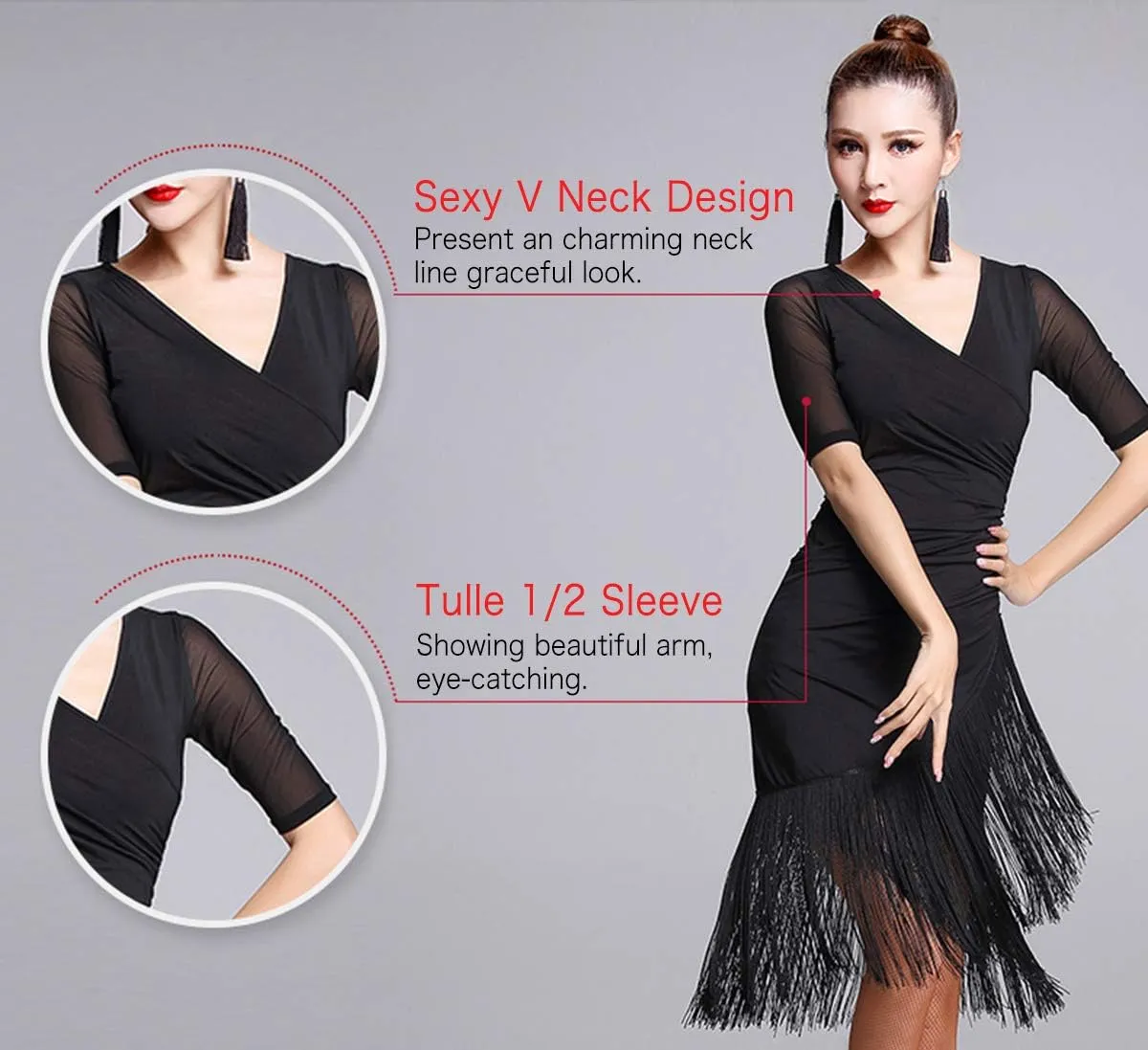 Z&X Women's Ballroom Dance Costume V Neck Pleated Long Fringed Tango Salsa Latin Dance Dress with Shorts