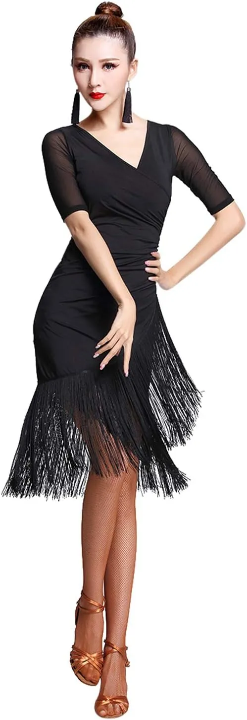 Z&X Women's Ballroom Dance Costume V Neck Pleated Long Fringed Tango Salsa Latin Dance Dress with Shorts