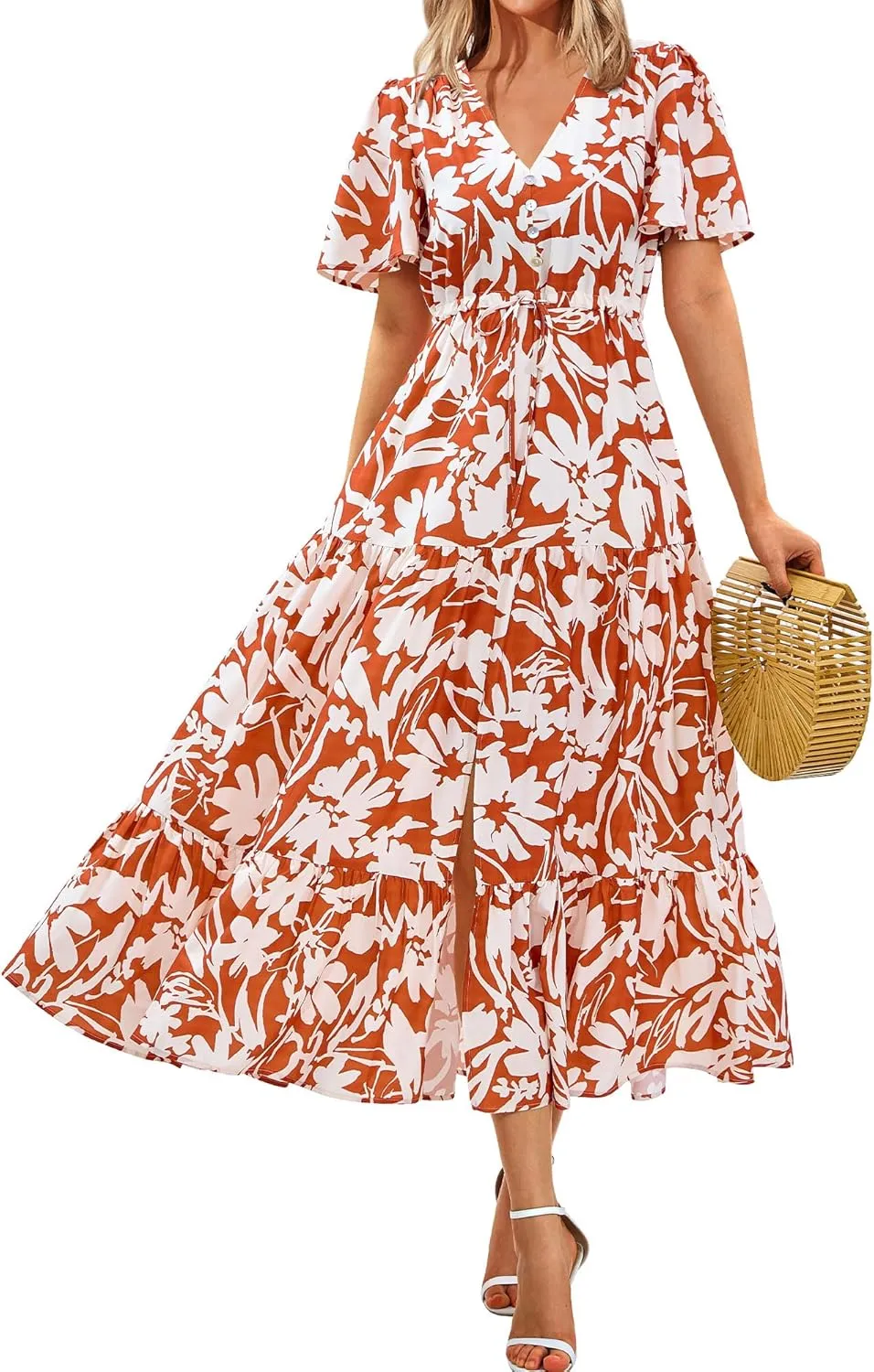Zenlonr Women Summer Dresses 2025 Casual Short Sleeve V Neck Split Maxi Dress Button Drawstring Beach Long Dress