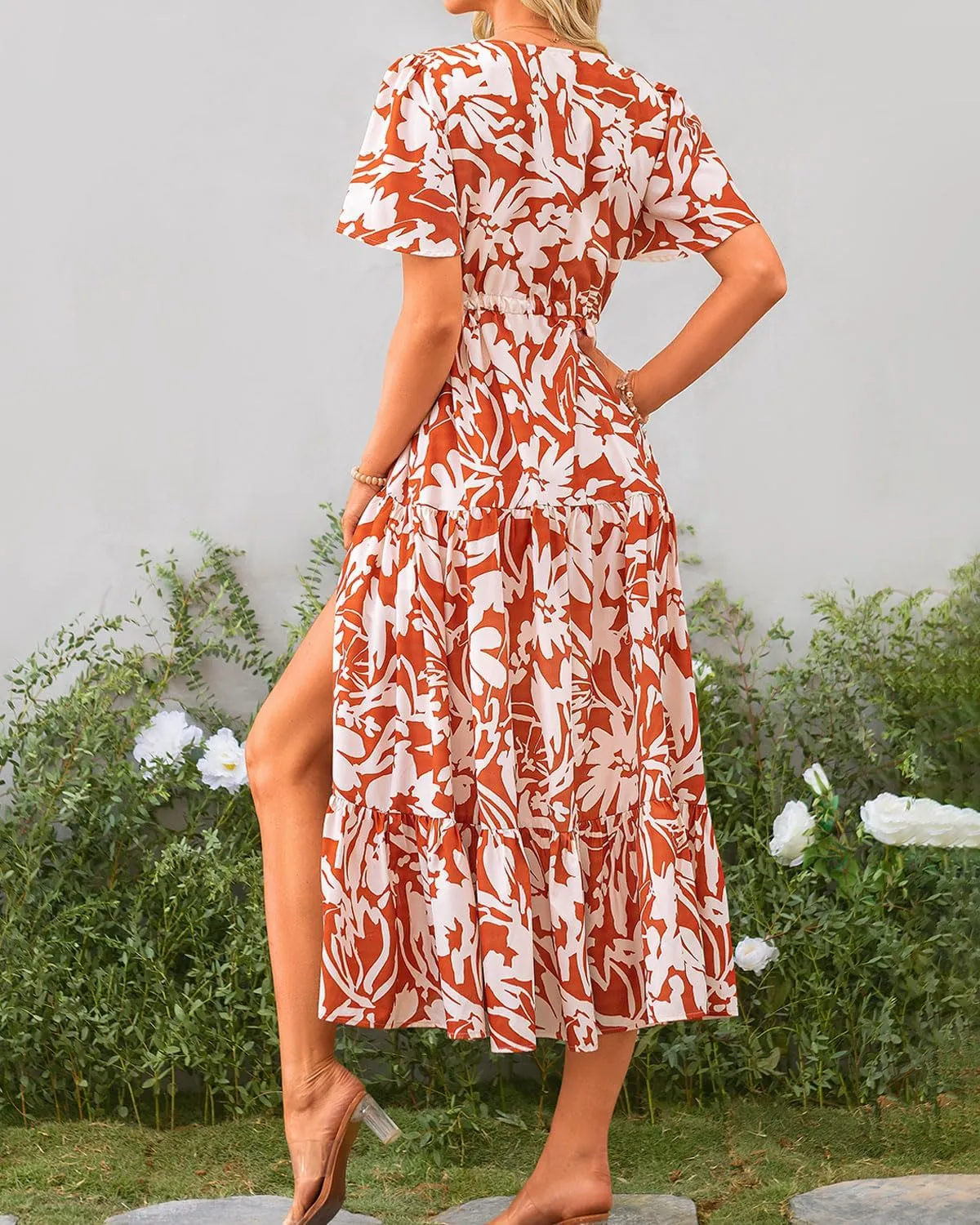 Zenlonr Women Summer Dresses 2025 Casual Short Sleeve V Neck Split Maxi Dress Button Drawstring Beach Long Dress