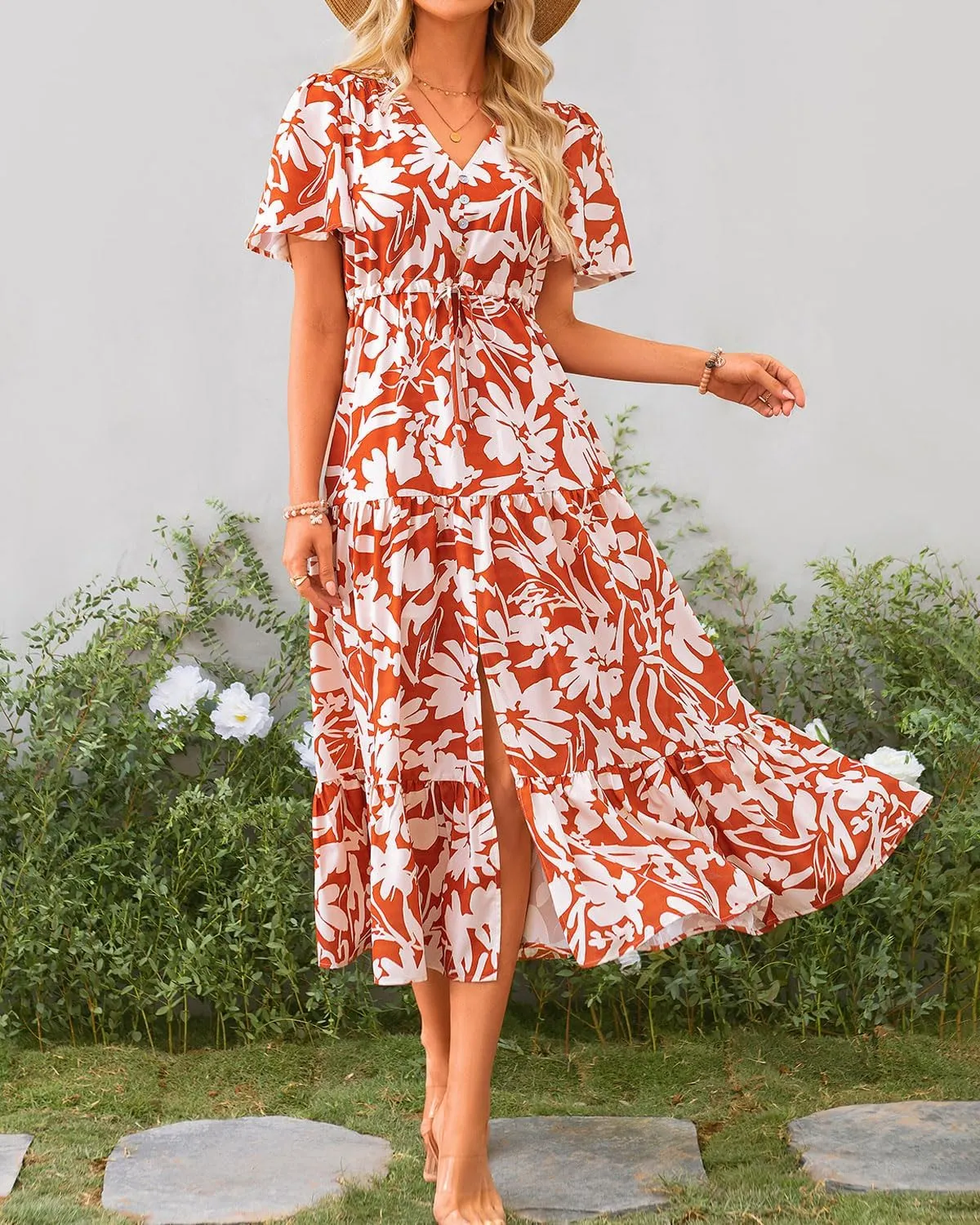 Zenlonr Women Summer Dresses 2025 Casual Short Sleeve V Neck Split Maxi Dress Button Drawstring Beach Long Dress