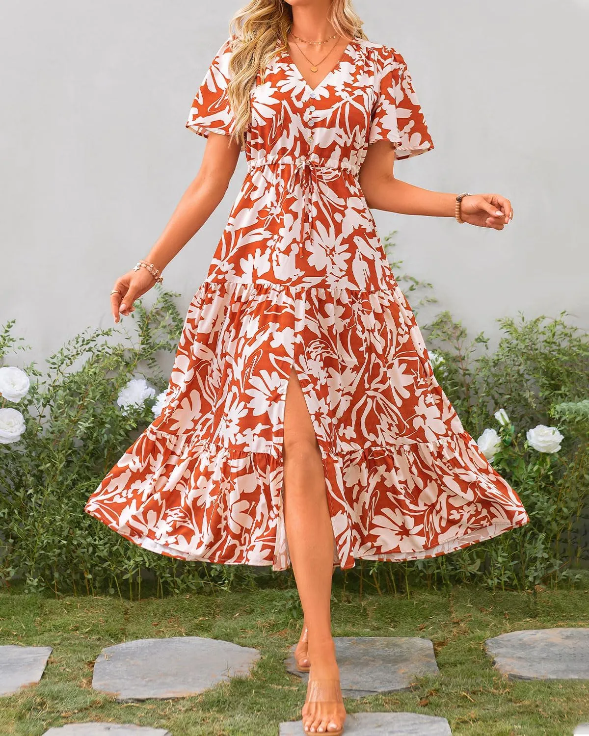 Zenlonr Women Summer Dresses 2025 Casual Short Sleeve V Neck Split Maxi Dress Button Drawstring Beach Long Dress