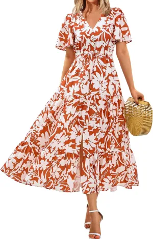Zenlonr Women Summer Dresses 2025 Casual Short Sleeve V Neck Split Maxi Dress Button Drawstring Beach Long Dress