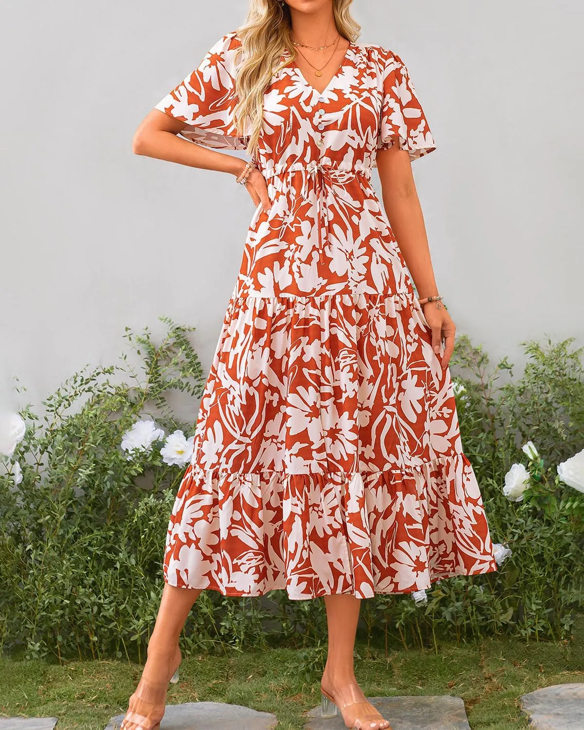 Zenlonr Women Summer Dresses 2025 Casual Short Sleeve V Neck Split Maxi Dress Button Drawstring Beach Long Dress