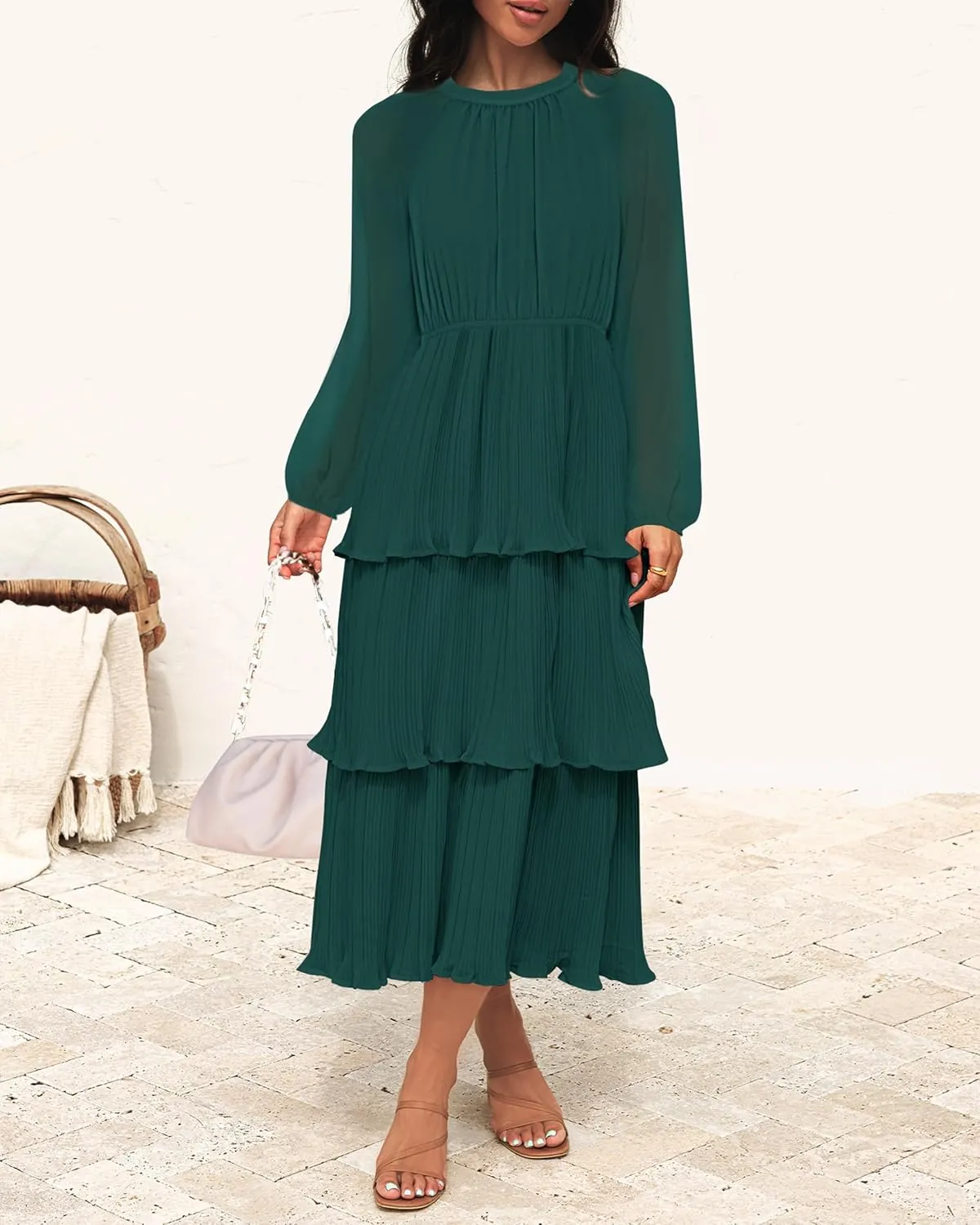 ZESICA Women's 2025 Long Sleeve Crew Neck Ruffle Tiered Layered Chiffon Flowy Swing 2025 Long Midi Dress