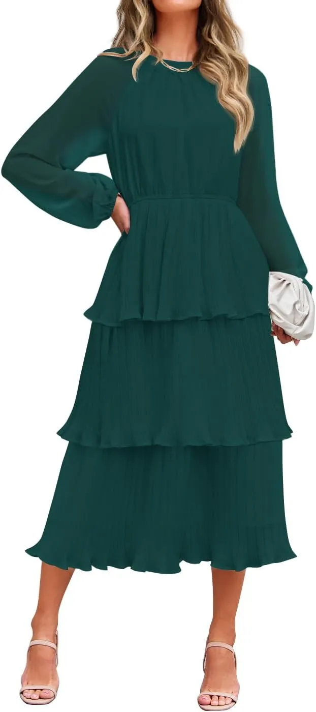 ZESICA Women's 2025 Long Sleeve Crew Neck Ruffle Tiered Layered Chiffon Flowy Swing 2025 Long Midi Dress