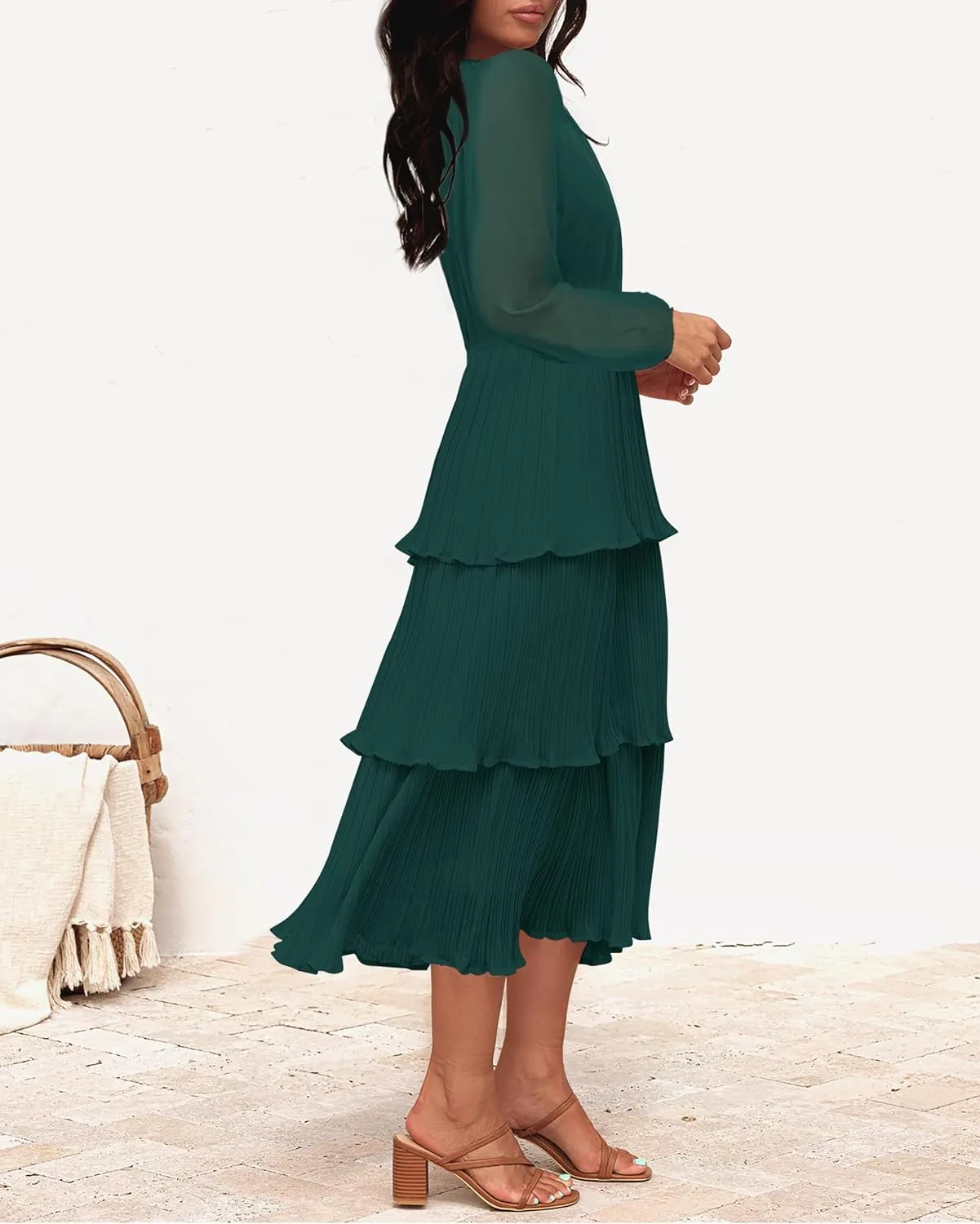 ZESICA Women's 2025 Long Sleeve Crew Neck Ruffle Tiered Layered Chiffon Flowy Swing 2025 Long Midi Dress