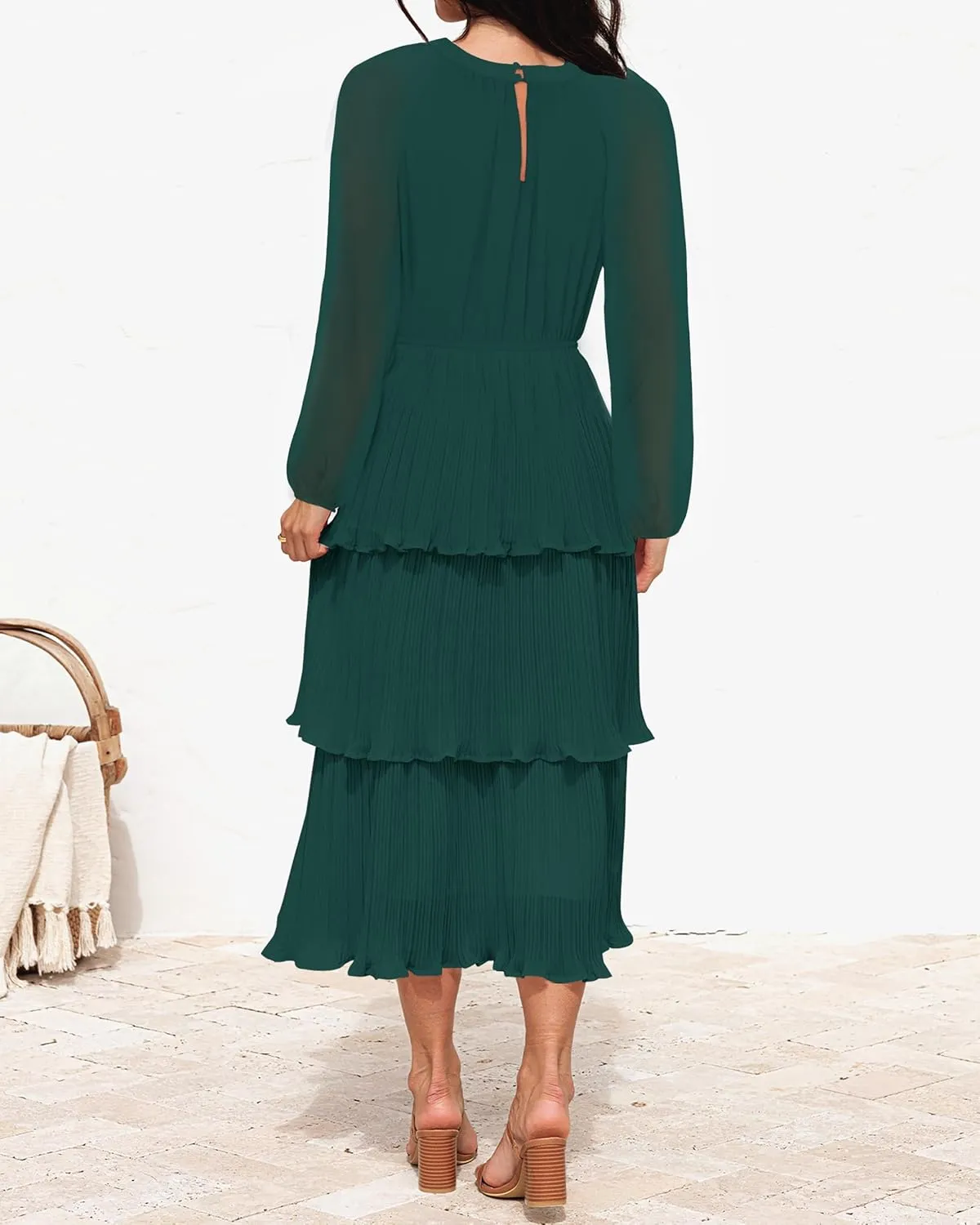 ZESICA Women's 2025 Long Sleeve Crew Neck Ruffle Tiered Layered Chiffon Flowy Swing 2025 Long Midi Dress