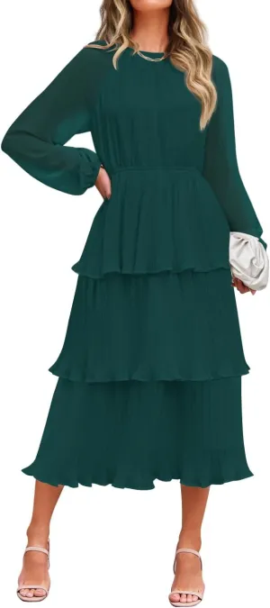 ZESICA Women's 2025 Long Sleeve Crew Neck Ruffle Tiered Layered Chiffon Flowy Swing 2025 Long Midi Dress