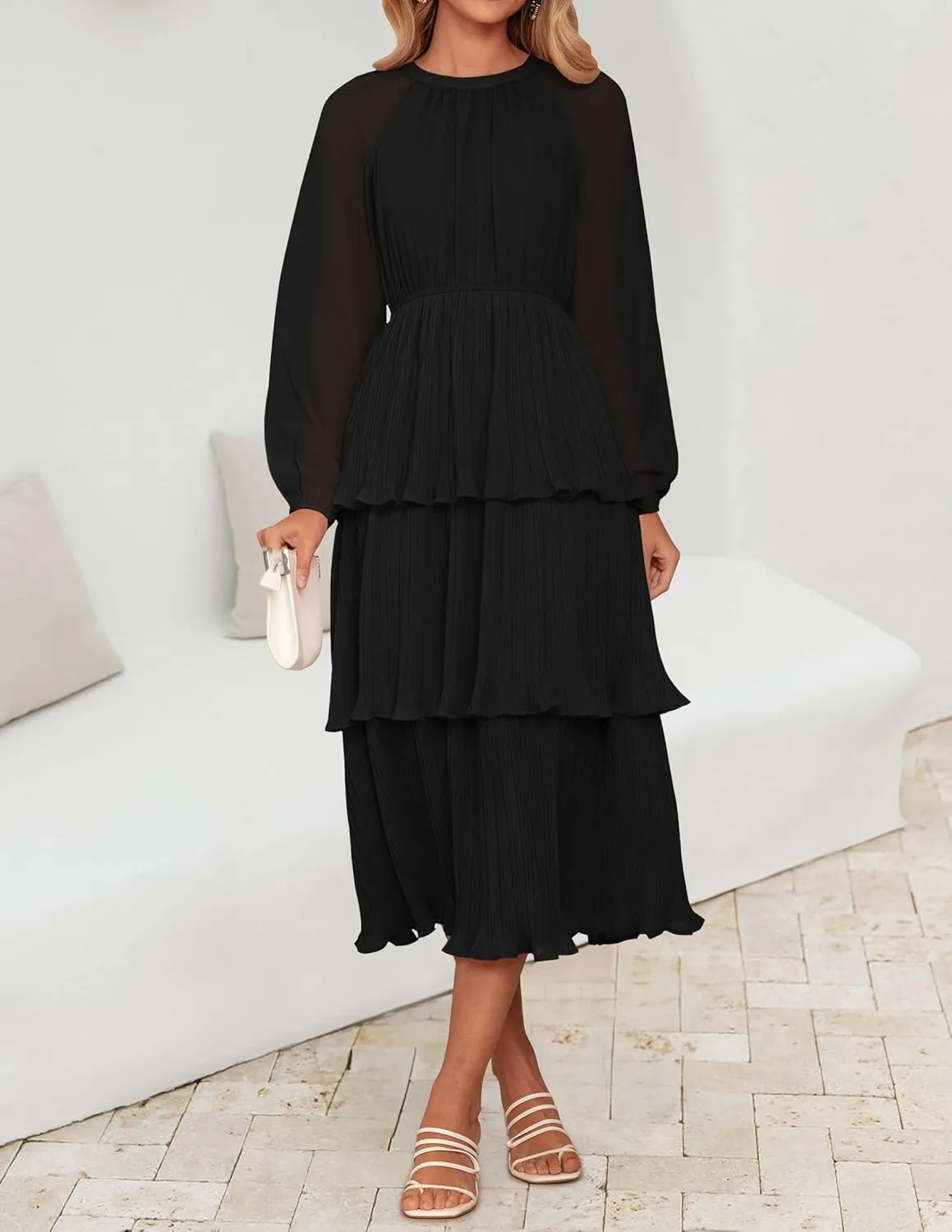 ZESICA Women's 2025 Long Sleeve Crew Neck Ruffle Tiered Layered Chiffon Flowy Swing 2025 Long Midi Dress