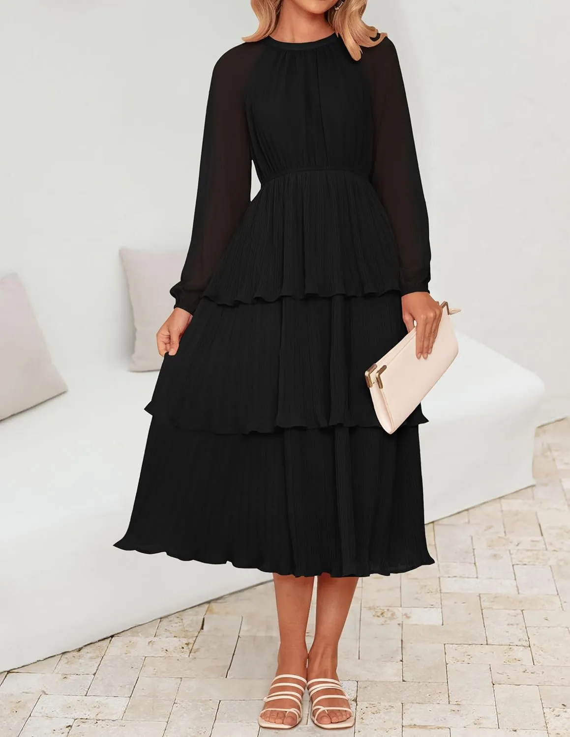 ZESICA Women's 2025 Long Sleeve Crew Neck Ruffle Tiered Layered Chiffon Flowy Swing 2025 Long Midi Dress