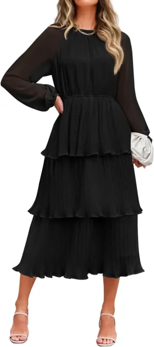 ZESICA Women's 2025 Long Sleeve Crew Neck Ruffle Tiered Layered Chiffon Flowy Swing 2025 Long Midi Dress