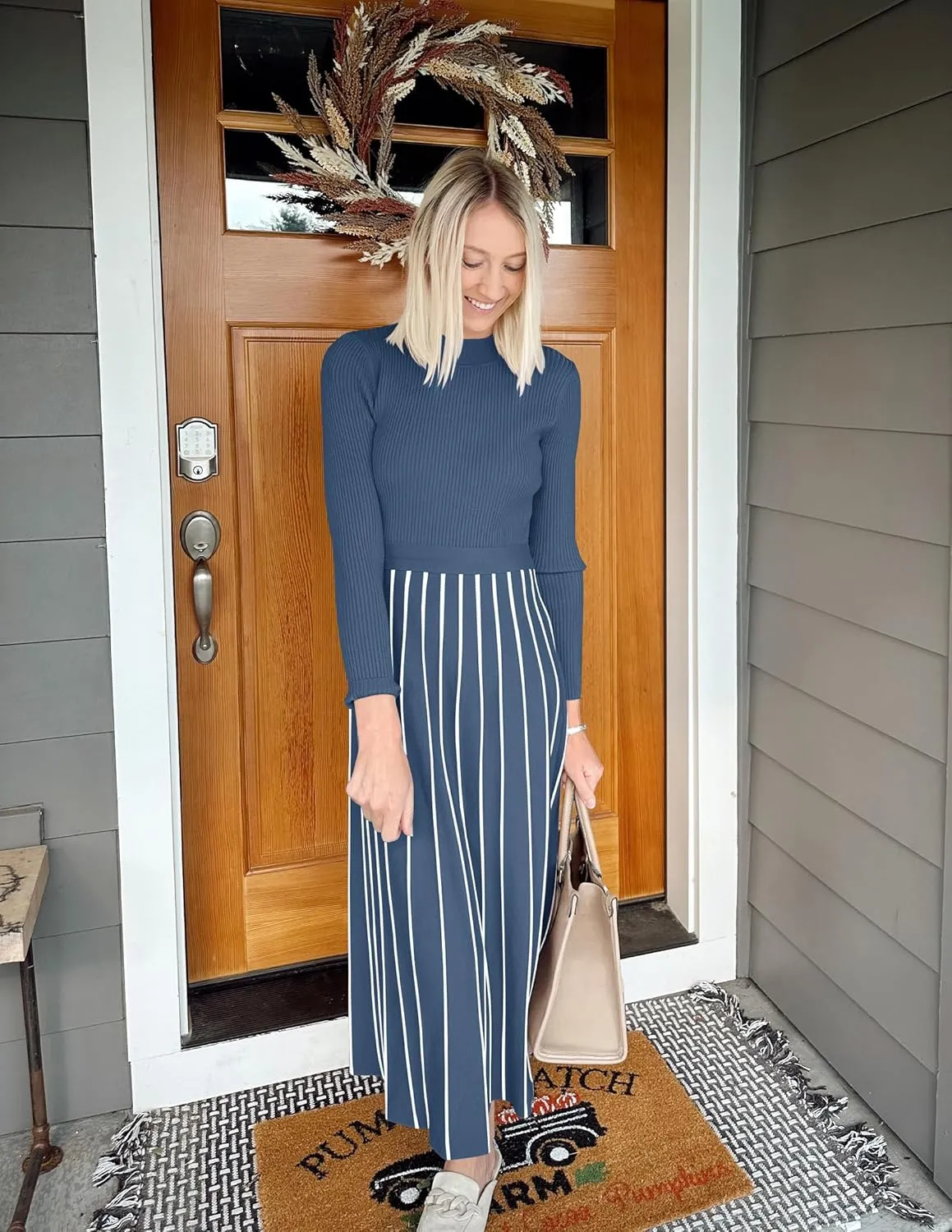 ZESICA Womens Spring Turtleneck Long Sleeve Sweater Dress Tie Waist Casual Loose Ribbed Knit A Line Midi Dresses