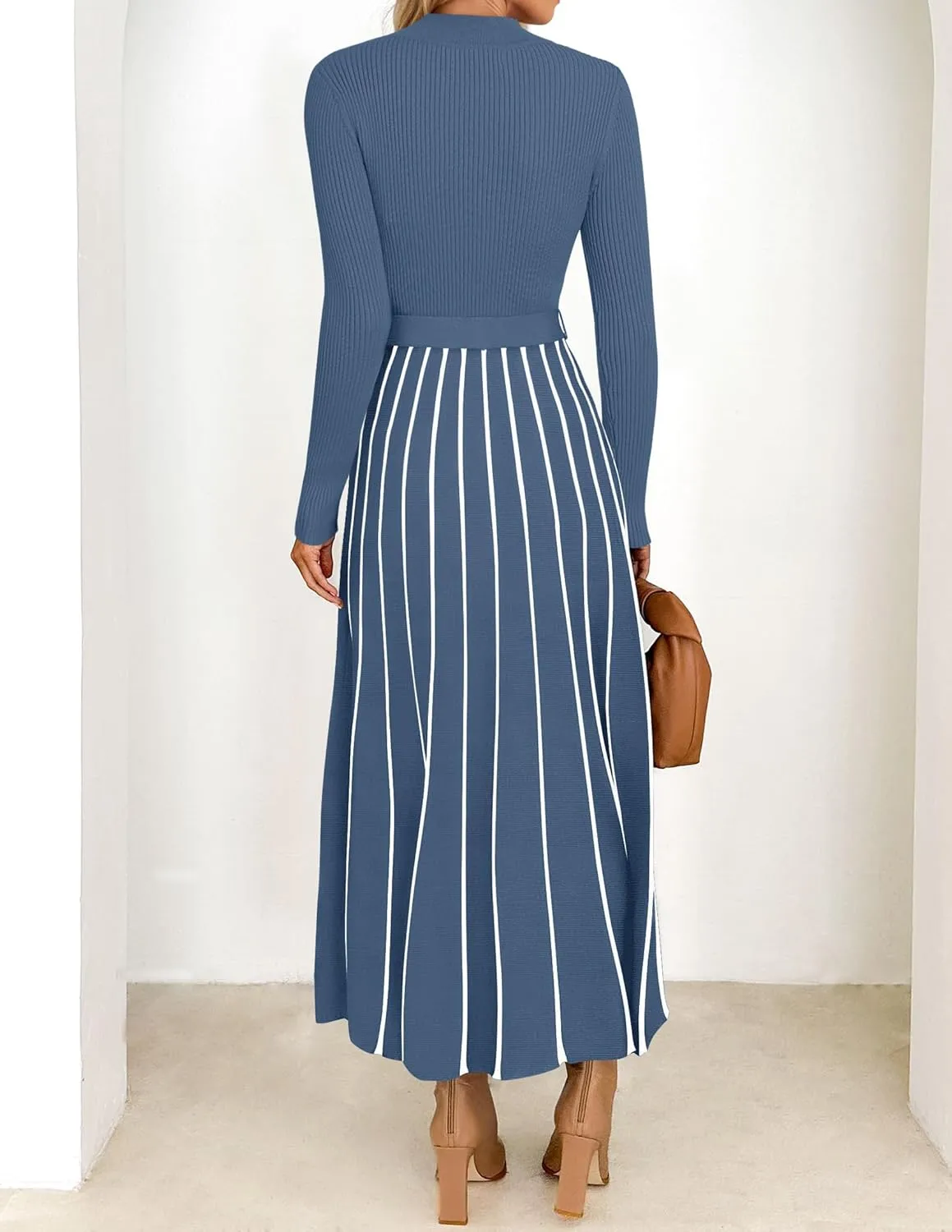 ZESICA Womens Spring Turtleneck Long Sleeve Sweater Dress Tie Waist Casual Loose Ribbed Knit A Line Midi Dresses