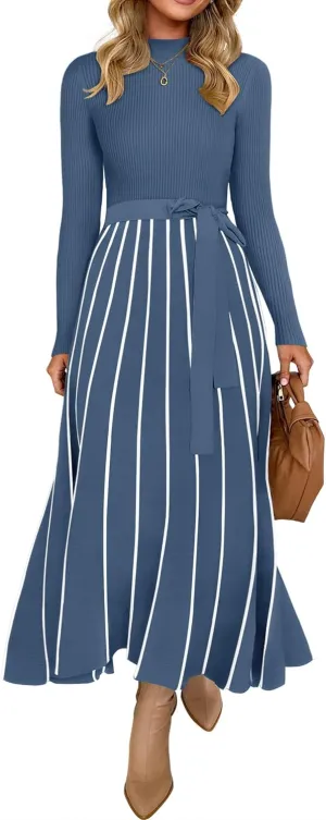 ZESICA Womens Spring Turtleneck Long Sleeve Sweater Dress Tie Waist Casual Loose Ribbed Knit A Line Midi Dresses