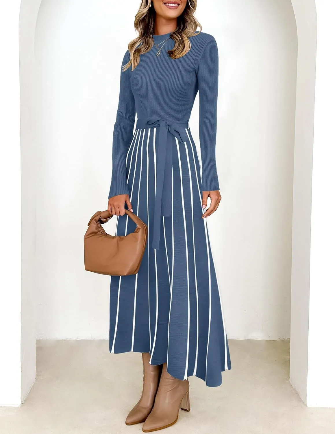ZESICA Womens Spring Turtleneck Long Sleeve Sweater Dress Tie Waist Casual Loose Ribbed Knit A Line Midi Dresses