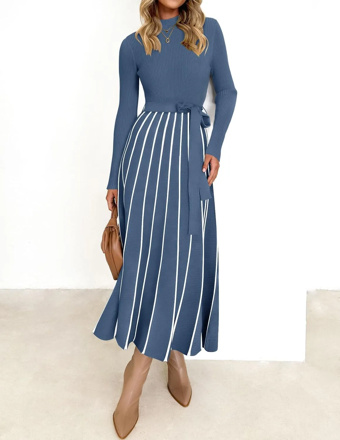 ZESICA Womens Spring Turtleneck Long Sleeve Sweater Dress Tie Waist Casual Loose Ribbed Knit A Line Midi Dresses