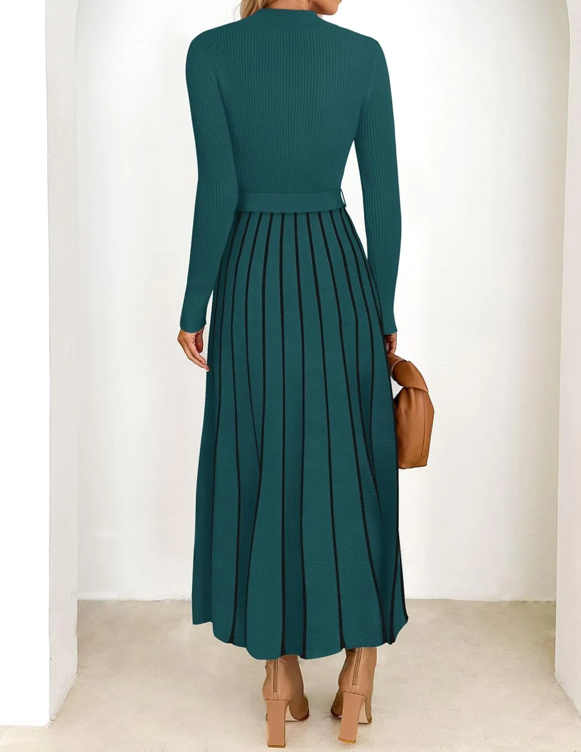 ZESICA Womens Spring Turtleneck Long Sleeve Sweater Dress Tie Waist Casual Loose Ribbed Knit A Line Midi Dresses